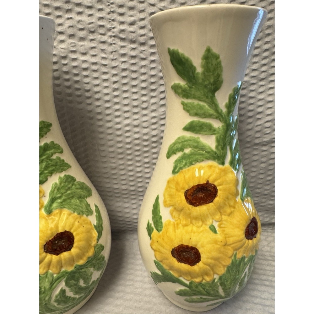 2-Vintage Holland Mold Sunflower Vase Hand-painted Yellow Flowers Ceramic Glazed